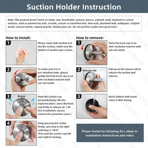 2Pcs YOHOM Suction Cup Hooks for Shower Towel Holder Stainless Steel Vacuum Bathroom Shower Hook Suction Washcloth