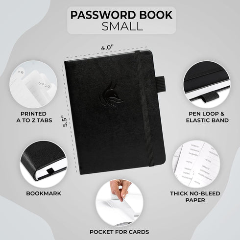 Clever Fox Password Book Logbook with Alphabetical Tabs, Small Pocket Password Keeper for Website Logins (Black)