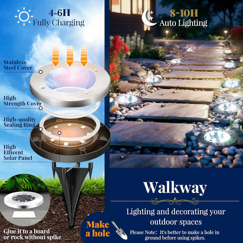 12 Pack 8 SOLPEX Solar Ground Lights, Solar Lights Outdoor Waterproof, LED Solar Powered Landscape Lighting for Garden