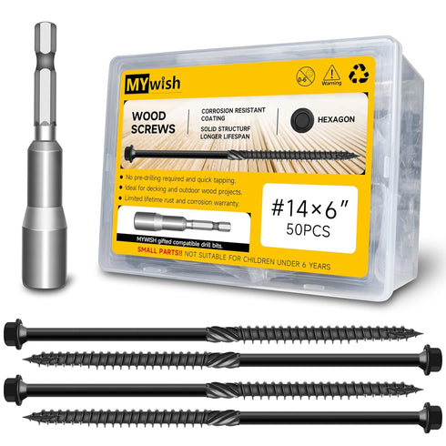 Mywish 50Pcs #14 x 6 Inch Heavy Duty Wood Screws Assortment Kit, Black Timber Screws with Hex Socket Included