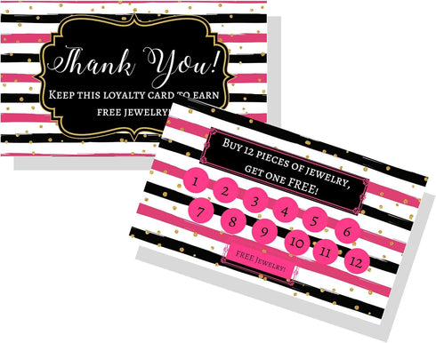 Jewelry Loyalty Cards | 50 Pack Thank You Notes | Black and Pink Stripe with Gold Dots | 5 Bling Buy 12 Get One Free