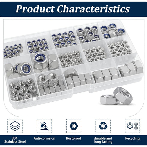 Vifmy Kit(360Pcs)M3 M4 M5 M6 M8 M10 M12 Sets,Bright Metric Hex Nuts&Locknuts Assortment Stainless Steel Assorted Hex