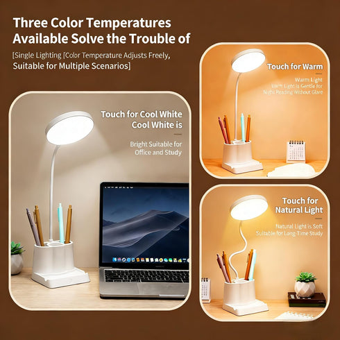 360 Dimmable 12 LED Desk Lamp for Home Office, Rotating Gooseneck Small Table Lamp with USB Charging Port, Eye-Care