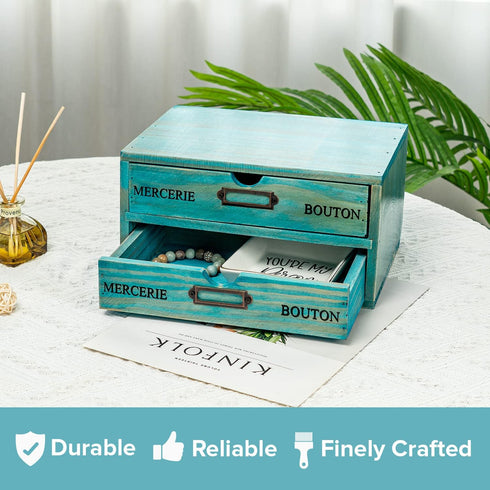 Turquoise 2-Tier Drawer Unit, European Country Style Desk Organizer Box with Label Holder for Countertop