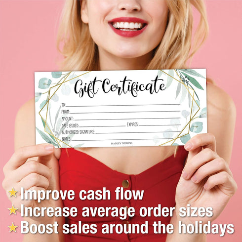 Hadley Designs 25 Geometric Greenery Blank Certificates for Small Business, Paper Voucher for Massage, Hair & Nail