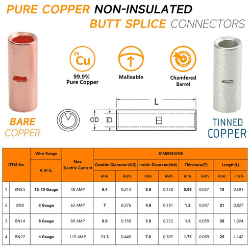132 PCS 12 to 4 AWG Non-Insulated Butt Connectors Kit, 66 PCS Uninsulated Butt Terminals & Heat Shrink