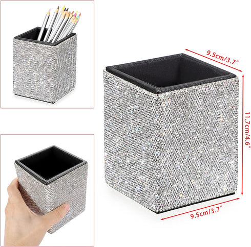 BTSKY Crystal Glitter Pen Holder for Desk, Shiny Pencil Pot Box, Decorative Makeup Brushes Holder, Great Gift for Women