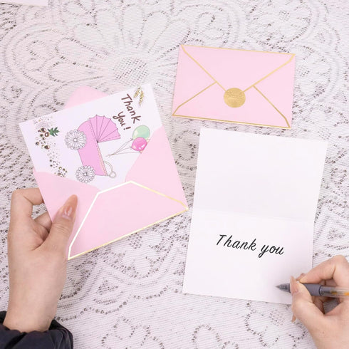 Suohanfei 30 Pack 3.5 5 Inch Baby Shower Thank You Cards with Envelopes and Sticker, x Cute Stroller Baby Girl Shower