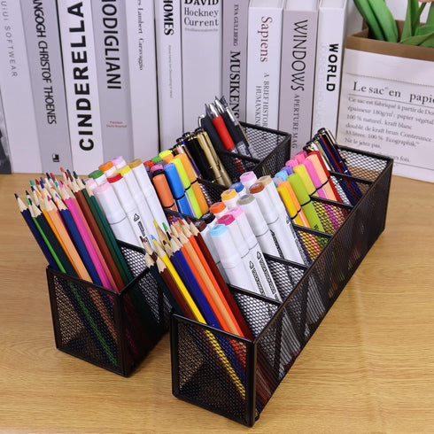 Black Mesh Pen Pencil Holder, Small Metal Desk Organizer with 6 Compartments for Office Supplies, Home, School,