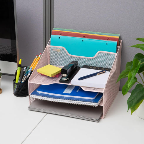 Mind Reader Desktop Organizer, Vertical File Holder, Metal Mesh, 12.5" L x 11.5" W x 9.5" H, Pink