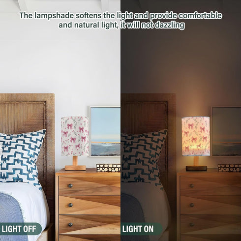 Pink Bows Hearts Flower Bedside Table Lamp Small Desk Lamps Linen Fabric Shade Decorative Nightstand Lamp LED with USB