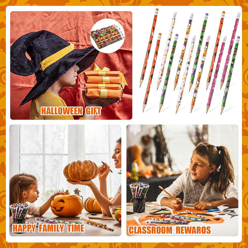 LOMIMOS 120pcs Halloween Pencil Bulk, Colorful Wooden with Eraser, 12 Patterns for Kid Trick or Treat Party Supplies