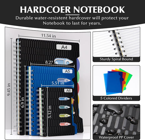 CAGIE 5 Subject Notebook with Dividers, 240 Pages A5, 5x7 College Ruled, Hardcover Spiral Notebooks, Black