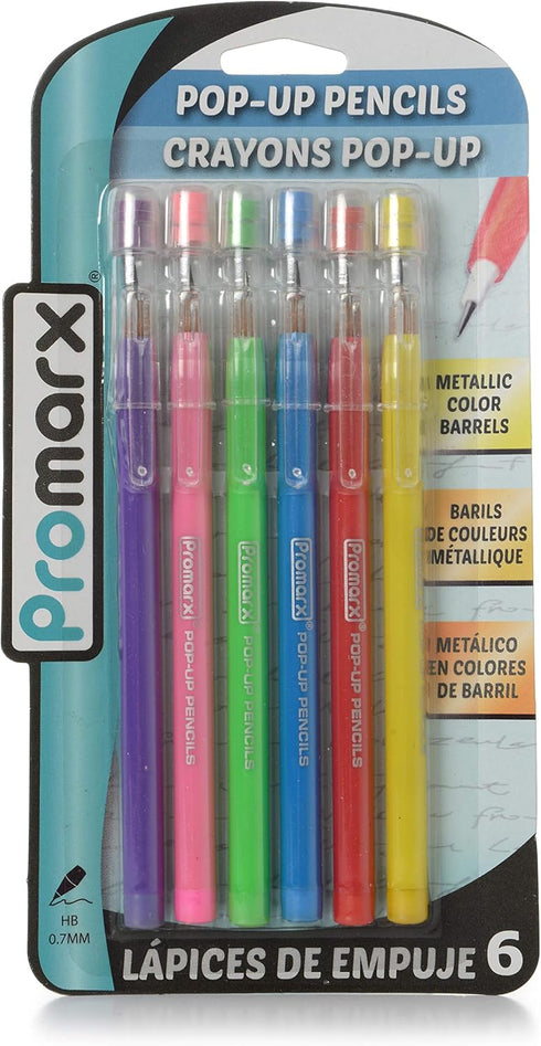 Promarx Metallic Fashion Pop-Up Pencils, 0.7 mm, Assorted Colors, 6 Count, Model: MQ26-DF7B06-48