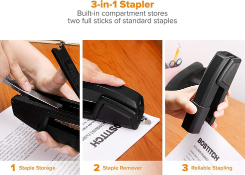 Bostitch Office Epic All Metal 3 in 1 Stapler, Integrated Remover & Staple Storage, Black (B777-BLK)