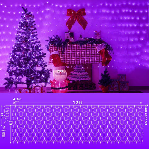 360 12ft 5ft 8 QITONG Purple Net Lights Outdoor Mesh Lights, LED x Christmas Net Light with Modes, Clear Wire Bush