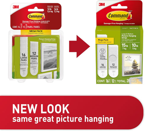 Command Picture Hanging Strips - 15 lb & 10 lb Large and Medium, 28 Assorted Pairs, Damage-Free Wall Hangers