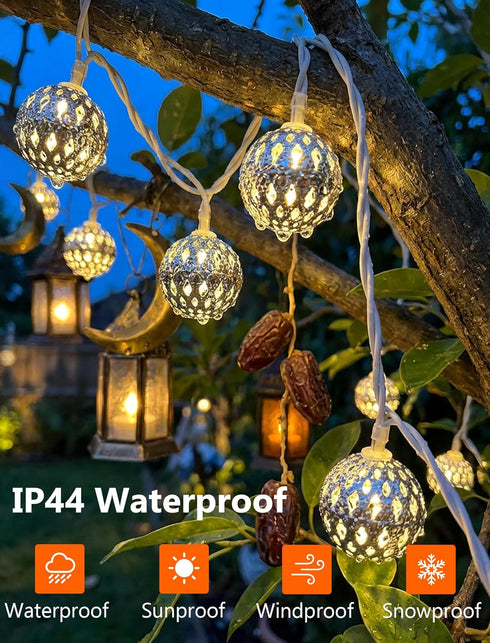8.5Ft 10 LED Moroccan Style String Lights Plug in, Outdoor Ramadan Decorations String Lights with Silver Metal Ball