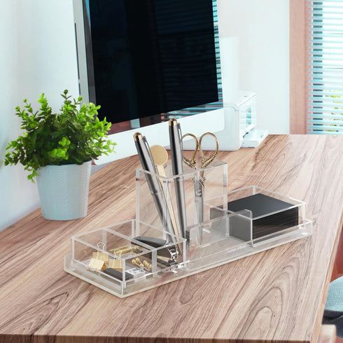 Clear Desk Accessories for Office, Modern Organizer with Removable Divider for Acrylic Paper Clips & Key Holder