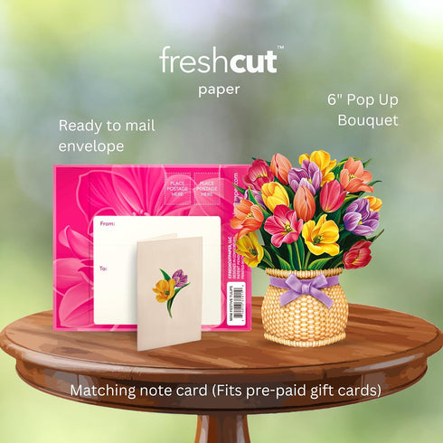 6 Inch 3D Freshcut Paper Pop Up Cards, Mini Festive Tulips, Mini Sized Forever Flower Bouquet Popup Greeting Cards