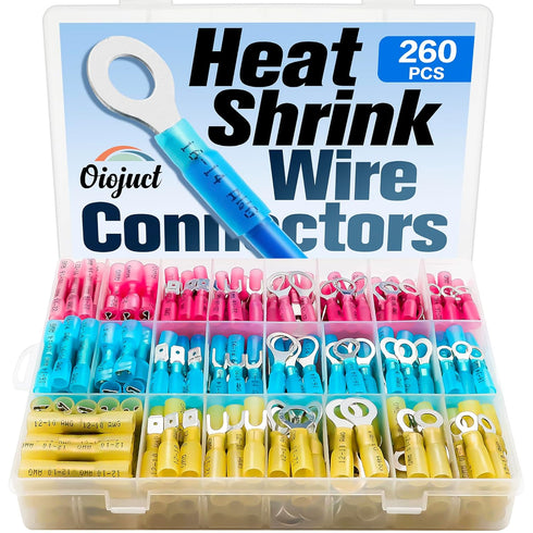 260Pcs Heat Shrink Wire Connectors Kit - Marine Automotive Electrical Connectors - Waterproof Fork Spade Ring Butt