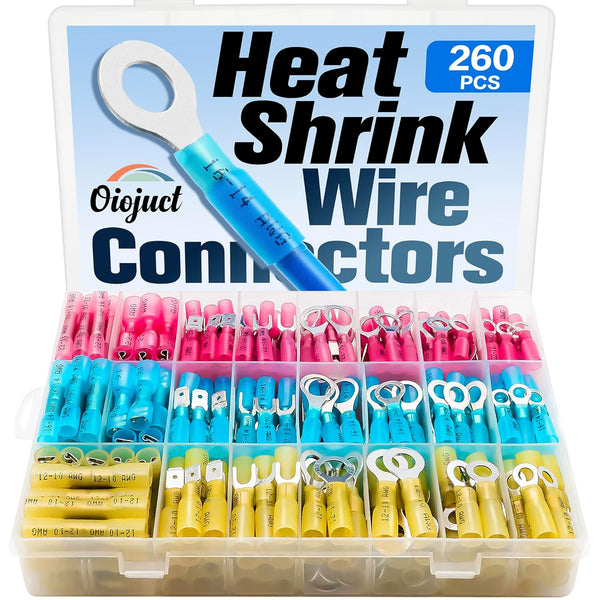 260Pcs Heat Shrink Wire Connectors Kit - Marine Automotive Electrical Connectors - Waterproof Fork Spade Ring Butt