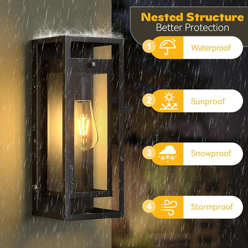 15in E26 Dusk to Dawn Outdoor Wall Sconce-Black Modern Exterior Lighting Fixture Waterproof Porch Lights Large Outside