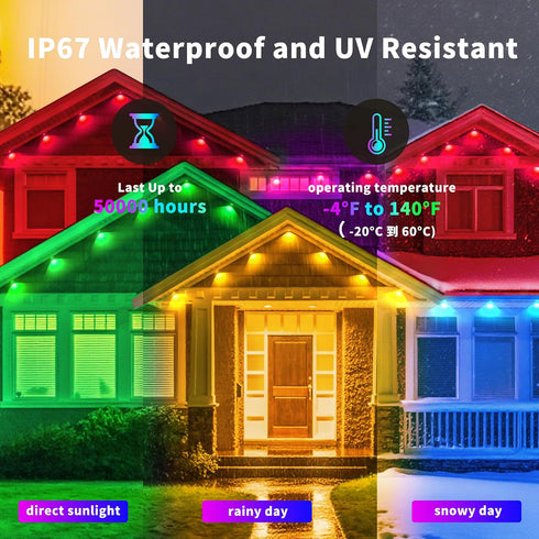 100ft Dynamic Smart RGB LED Permanent String Lights App Remote Color Sync Waterproof Outside House Lights Outdoor