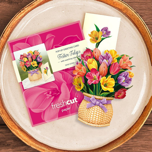 6 Inch 3D Freshcut Paper Pop Up Cards, Mini Festive Tulips, Mini Sized Forever Flower Bouquet Popup Greeting Cards