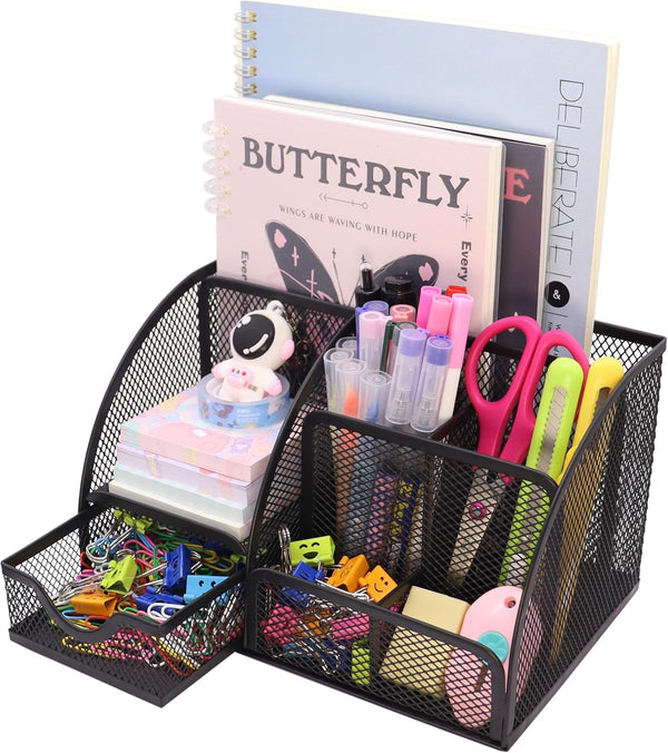 Mesh Desk Organizer with 6 Compartments and 1 Drawer, Multi-Functional Caddy for Office, Home, School Decor (Black)
