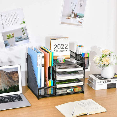 Marbrasse Desk Organizer with File Holder, 5-Tier Paper Tray Organizer with Drawer and 2 Pen Holders for Office Supplies