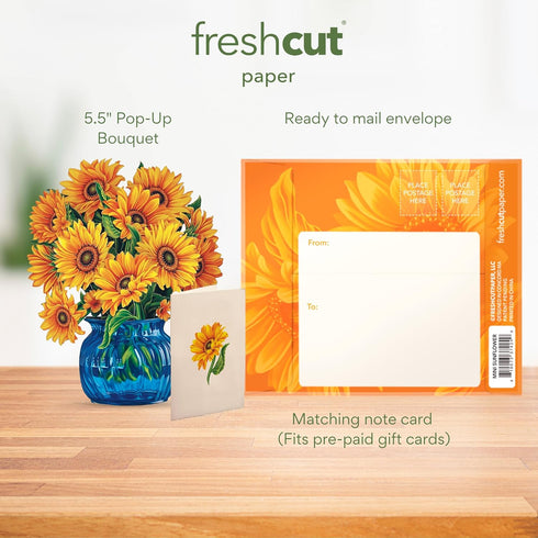 6 Inch 3D Freshcut Paper Pop Up Cards, Mini Sunflowers, Mini Sized Forever Flower Bouquet Popup Greeting Cards