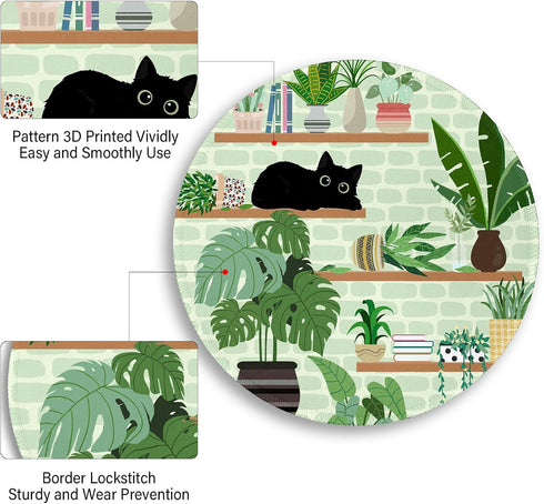 Cat Mouse Pad, Cute Small Round Travel Mousepad for Wireless Mouse - Plant Leave Mini Computer Mouse Mat