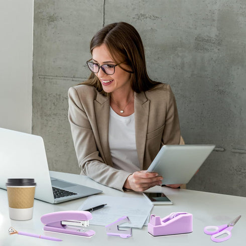 Purple Office Supplies Set, Desk Accessories with Stapler, Remover, Tape Holder, Clips, 1000 Staples, Scissors