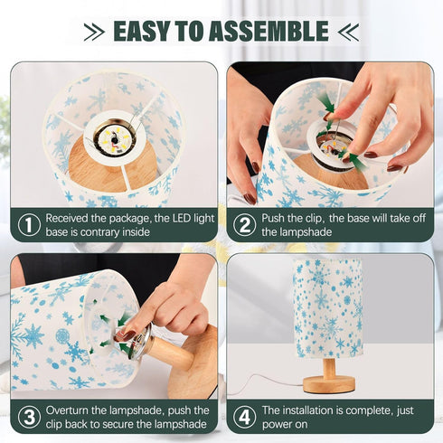 YYZZH Frozen Table Lamp Blue Snowflake Pattern Snowy Christmas Xmas Holiday Decor Nightstand Lamp with Wood Base Fabric