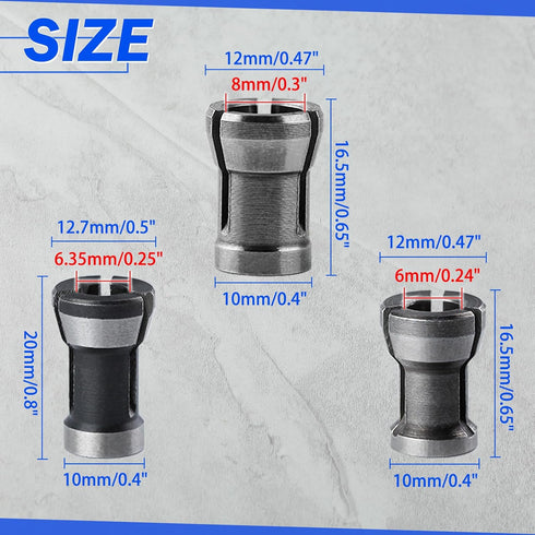 3 Pcs Die Grinder Collet, 6mm 6.35mm 8mm Router Collet Chuck Adapter for Woodworking Engraving Trimming