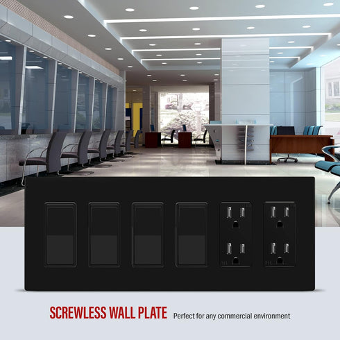 ENERLITES Screwless Decorator Wall Plate, Child Safe Outlet Covers, 6-Gang Size, Glossy Black