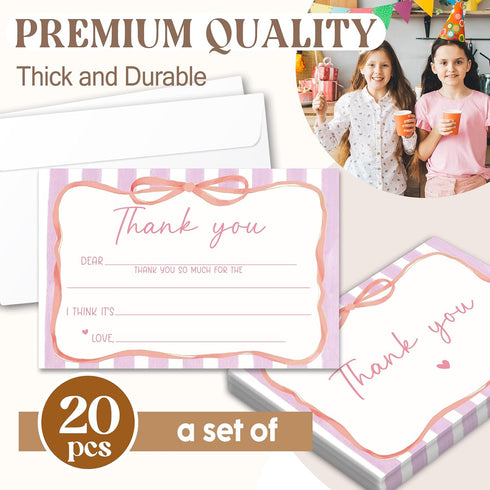 BWTRVL Set, B05 Kids Thank You Cards with Envelopes, Pink Ribbon Theme Fill in the Blank Thank You Notes for Kids
