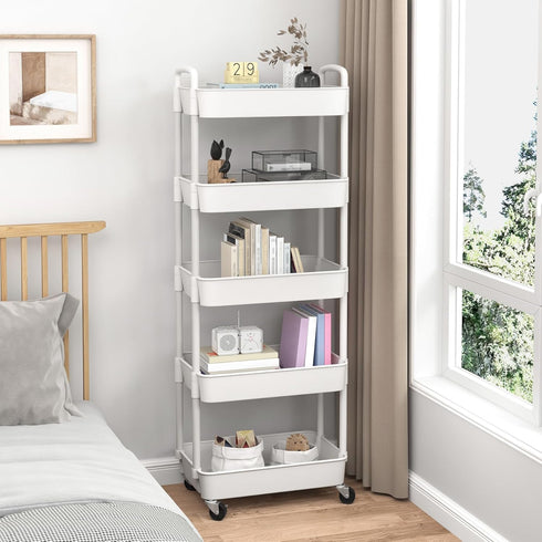 5-Tier Sywhitta Plastic Rolling Utility Cart with Handle, Multi-Functional Storage Trolley for Office, Living Room