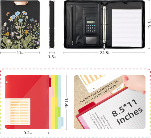 Ospelelf Leather Portfolio Folder with Zipper - 3 Ring Binder with Clipbard, 12.1” Tablet Sleeve, 5 Dividers, 10 Pockets