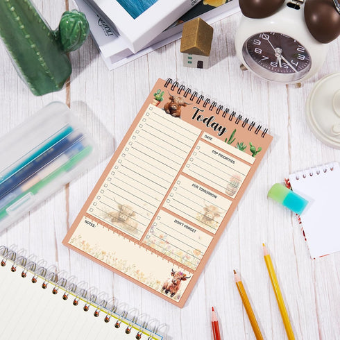 Gueevin Highland Cow To Do List Notepad, 8.7 x 6 Inch Big Note Pads, 50 Sheets Spiral Work Planner Reminder, Brown