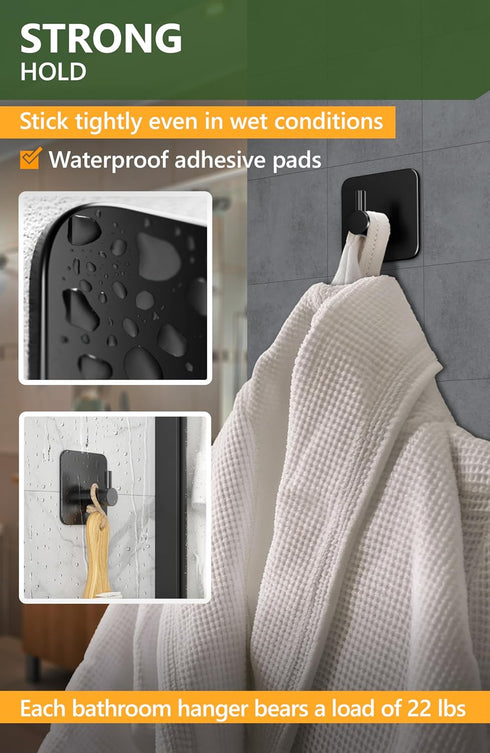 Set of 6 Towel Hooks for Bathrooms, Black Adhesive Wall Hooks, Durable Strong Adhesive Towel Hooks