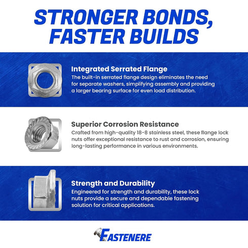 Fastenere 3/8"-24 (25-Pack), 18-8 Serrated Flange Nuts Durable Stainless Steel Hex Lock Hardware Nuts