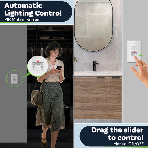 200W 150W TOPGREENER Occupancy/Vacancy PIR Motion Sensor Light Switch, CDS Sensor with Learning Function, No Neutral No