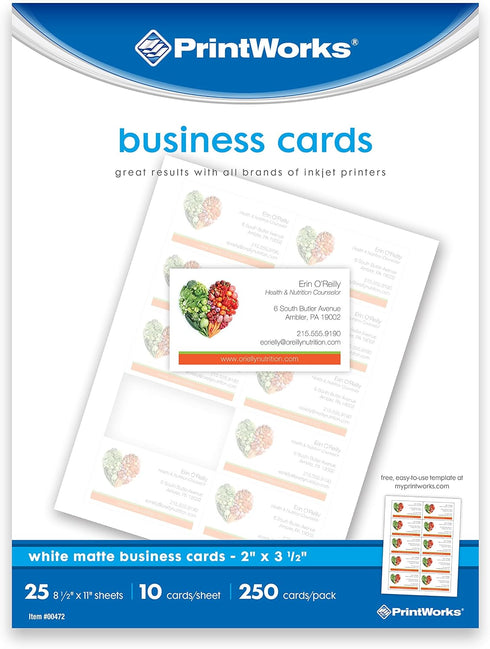 PrintWorks White Matte Business Cards, For Inkjet or Laser Printers or Copiers, Card