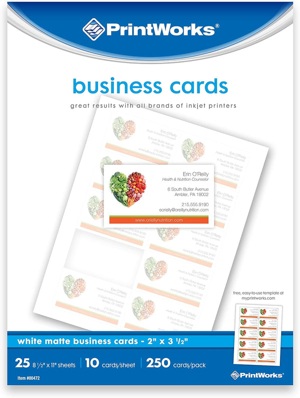 PrintWorks White Matte Business Cards, For Inkjet or Laser Printers or Copiers, Card