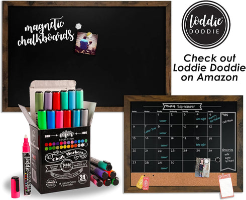 Loddie Doddie 18x24 Rustic Framed Chalkboard Calendar and Bulletin Combo Board, Includes Chalk Markers, Push-Pins, and