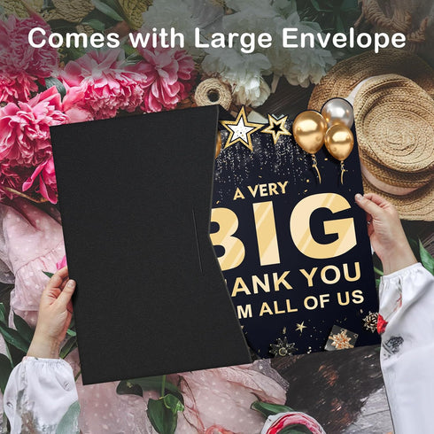 Large Thank You Card with Envelope, Jumbo Appreciation Card Black Gold, Giant Thank U Guest Book for Men Women Signing