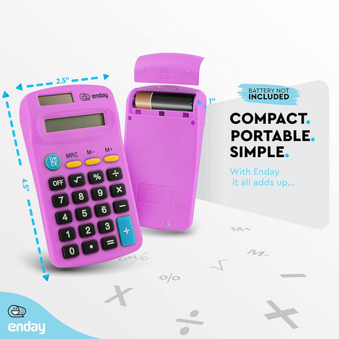 Basic Small Solar and Battery Operated Calculator, Purple, Large Display, Four Function, Handheld for School, Kids