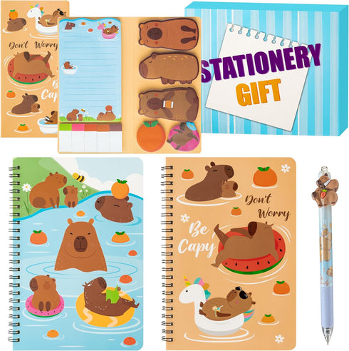 Stationery Gift Set - 3Pcs Notebook Sticky Notes, Kawaii A5 Spiral Notebooks & 550 Sheets Cute Sticky Notes Kit